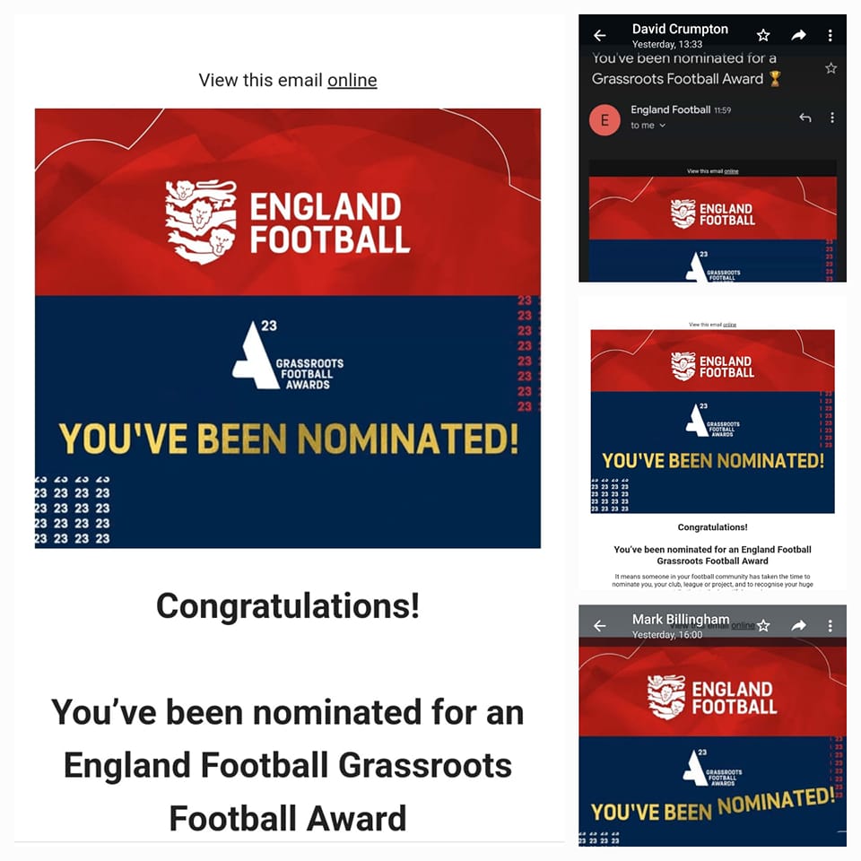 Club is delighted to again be nominees for the England Football -  FA GRASSROOTS FOOTBALL AWARDS. As well as the club 3 coaches/members have also received nominations David, Mark &amp; Kerry, a humbling and proud moment for all. Huge thank you to all those who have nominated us👍
