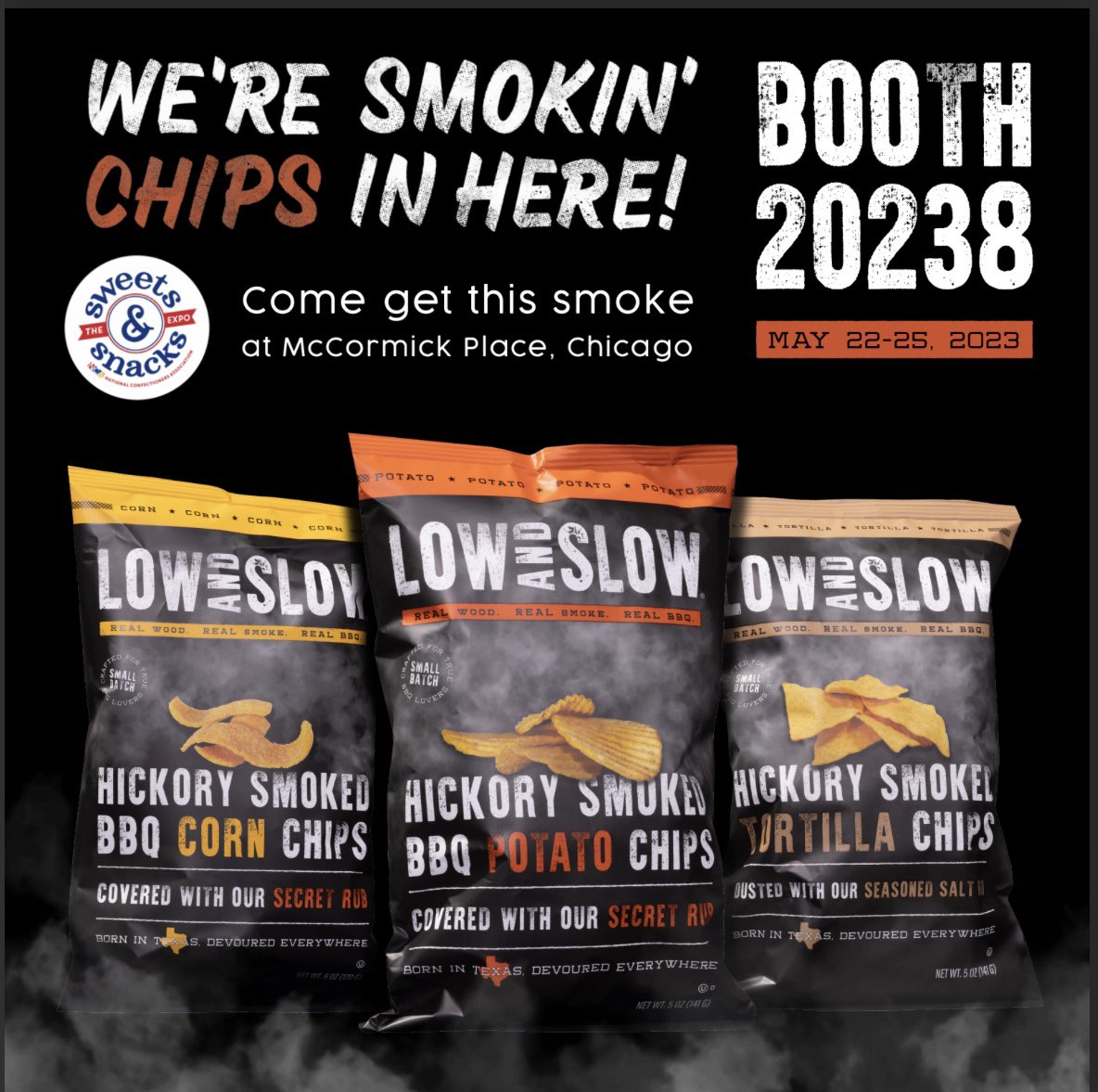 LownSlowSnacks's tweet photo. First ever @SWEETSandSNACKS expo. Come check us out for some authentically smoked #BBQ chips if you’re in town 👊🔥 https://t.co/oCYchPxsui