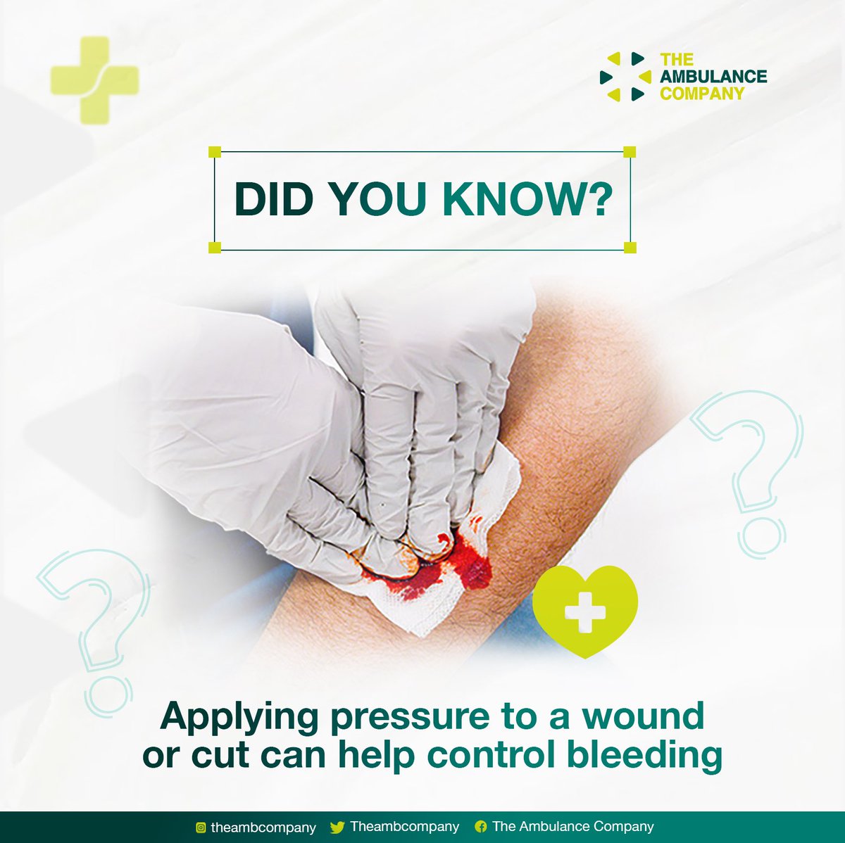 Don't panic, just apply pressure. 

A little know-how can make a big difference.

#BleedingControl #FirstAidTips #FirstAid #actfast #ambco #ems #lagos #emergencyresponse #ambulance