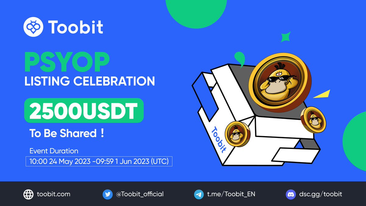 🤩 Join the #PSYOP craze as we celebrate its listing on #Toobit! Participate in the $PSYOP Deposit &amp; Trade campaign and WIN BIG from the 2500 $USDT prize pool! 🤑

📅 Period: May 24, 2023, 8PM - June 1, 2023, 7:59PM (UTC)

Learn more &amp; participate: ⬇️
support.toobit.com/hc/en-us/artic…