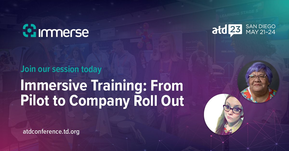 Immerse (@immerse) on Twitter photo Join us at #ATD2023 Day 3! Don't miss our 8 am session on 'Immersive Training: From Pilot to Company Roll Out' with Debbie Richards and Betty Dannewitz. And stop by booth 407 at 11 am to find out who wins the Meta Quest 2 headset! We'll see you there!
#Immerse <a href="/cre8iveii/">Debbie Richards #ATD2021 #LSCon #ATDTK</a> Join us at #ATD2023 Day 3! Don't miss our 8 am session on 'Immersive Training: From Pilot to Company Roll Out' with Debbie Richards and Betty Dannewitz. And stop by booth 407 at 11 am to find out who wins the Meta Quest 2 headset! We'll see you there!
#Immerse <a href="/cre8iveii/">Debbie Richards #ATD2021 #LSCon #ATDTK</a>