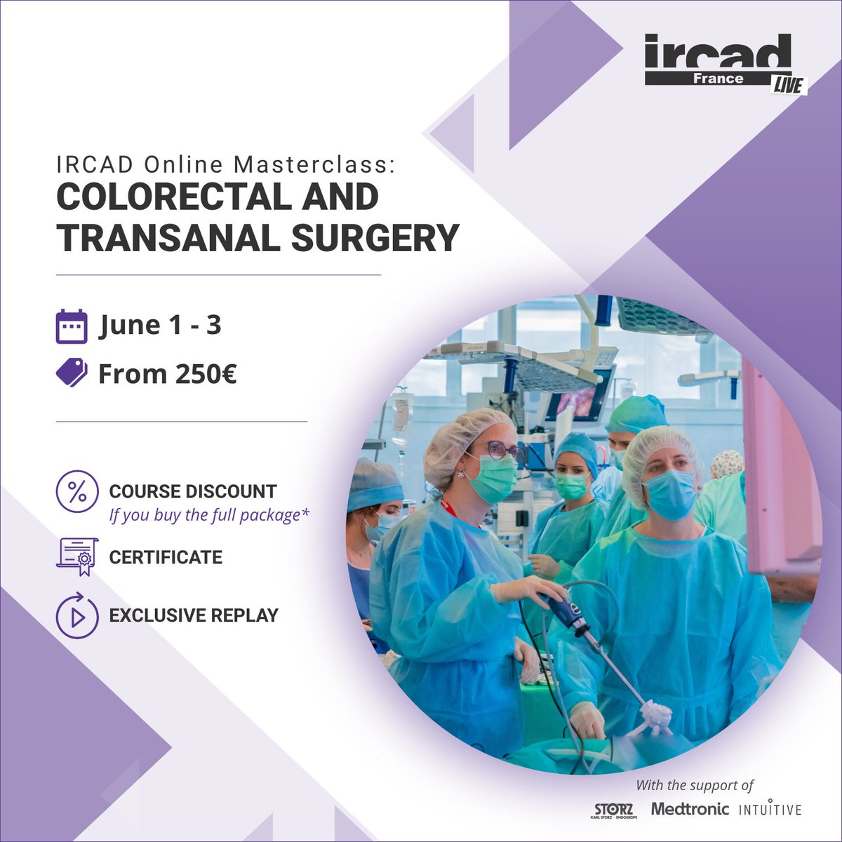 💻 Colorectal and transanal surgery
📆 June 1-3, 2023
🔗 bit.ly/colorectal-sur…

Join us for this online masterclass in #colorectal and transanal surgery, where you will learn from leading experts in the field!

#surgery #minimallyinvasivesurgery #ircad