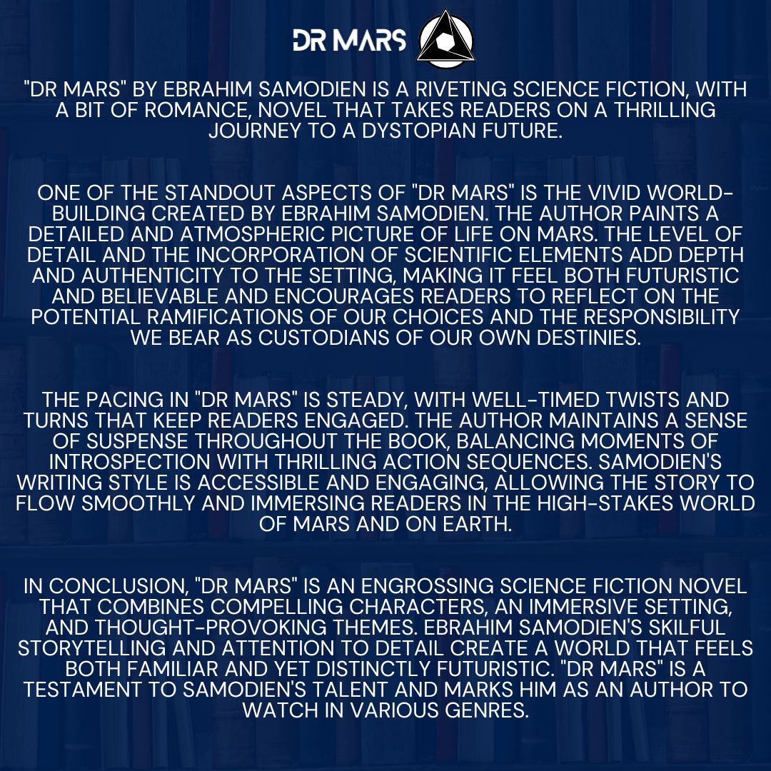 author_eb's tweet photo. A big thank you to Elmarie van Wyk for diving deep into my book and sharing such kind words. 
If you're searching for a captivating read that will leave you pondering life's mysteries, don't miss out on Dr Mars! 📚 ✨ #BookReview 
[Link to Dr Mars Book]
https://t.co/8D6vTSnOlT https://t.co/V7w0Sg7HSn