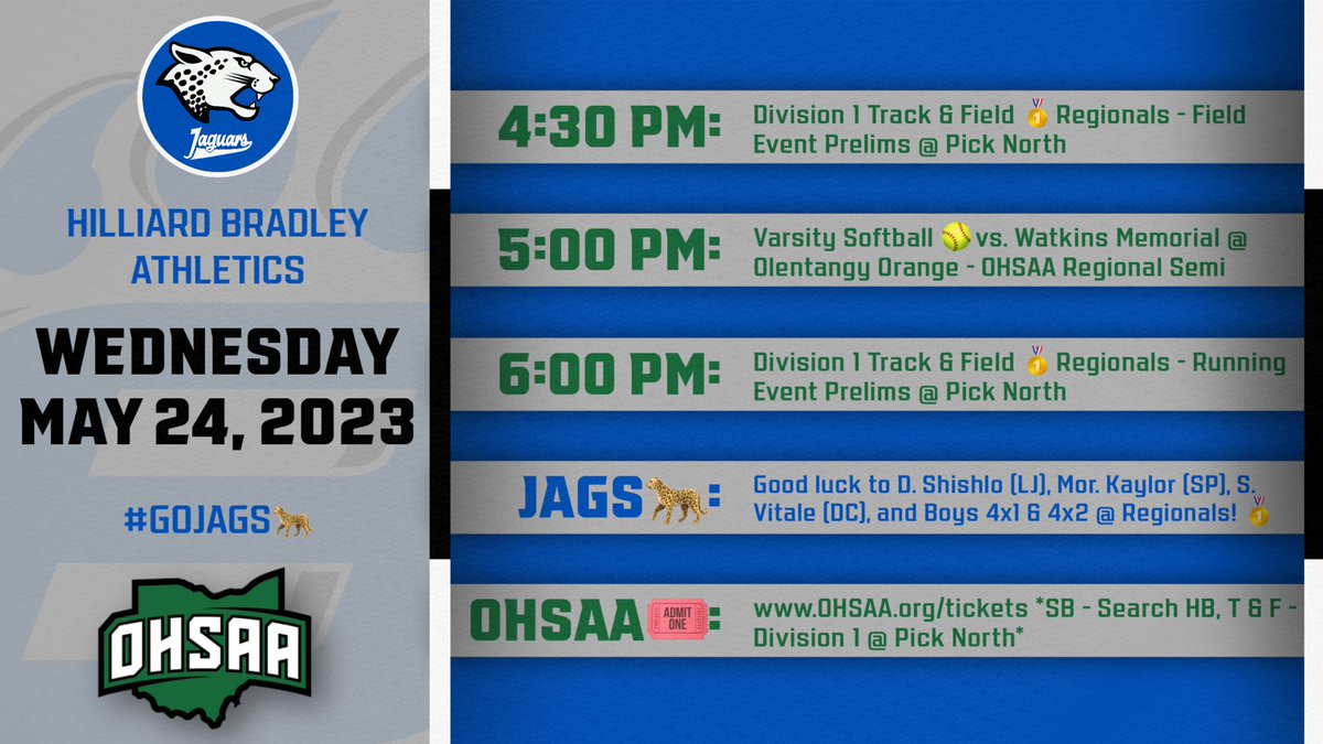 Today’s Events | 5/24/23 🐆 •🎟️🎟️: OHSAA.org/tickets @runjaguars @HBJagsoftball #GoJags🐆