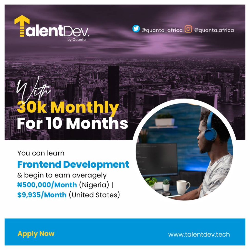 quantafrica's tweet photo. Registration is still OPEN at TalentDev!
Don't miss out on this amazing opportunity! Take advantage of the limited-time discount and secure your spot NOW!
With 30k Monthly for 10 months you can learn Frontend Development🤯
#TalentDev #RegisterNow #Techie https://t.co/N2MRRTEnzk