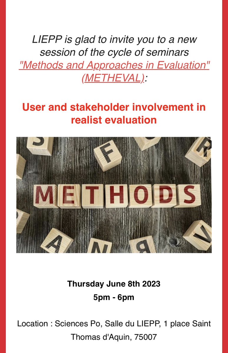 My talk in @LIEPP_ScPo : “User and stakeholder involvement in realist evaluation” 8th of June  5-6pm, Paris time, hybrid. #realistevaluation Book here 👉🏾 : bit.ly/3ODdWjs