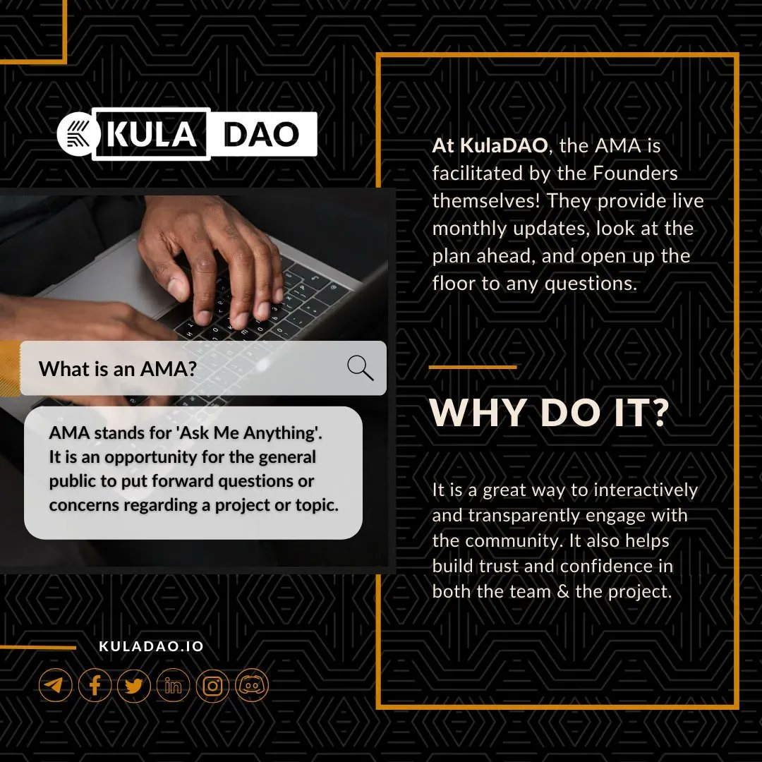 🔊 Curious about #KulaDAO and what we do? 🤔 

The time and date of our next #AMA (#AskMeAnything) session will be announced this evening. 🕘

Tune in for some exciting updates and the chance to ask our founders any lingering questions.🙌 

#JoinTheConversation #DAO #Blockchain