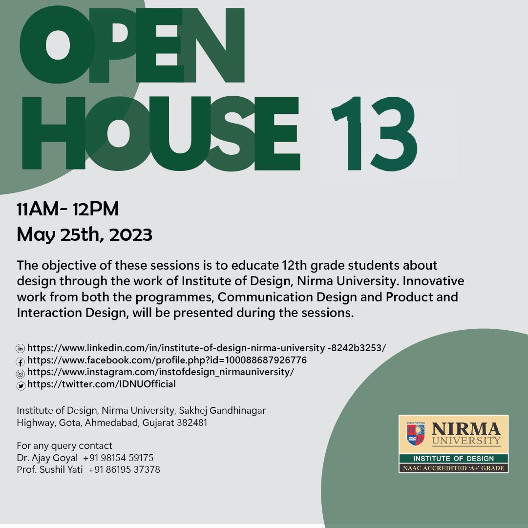 IDNUOfficial's tweet photo. Institute of Design, Nirma University welcomes you to attend our #OpenHouse series to interact with our faculties.
Registration link:
https://t.co/O9UZ23EgYt
#OpenHouse #Design #IDNU #Nirma #NUDET #designentrance #NirmaUniversity https://t.co/Da1lUSGoGJ