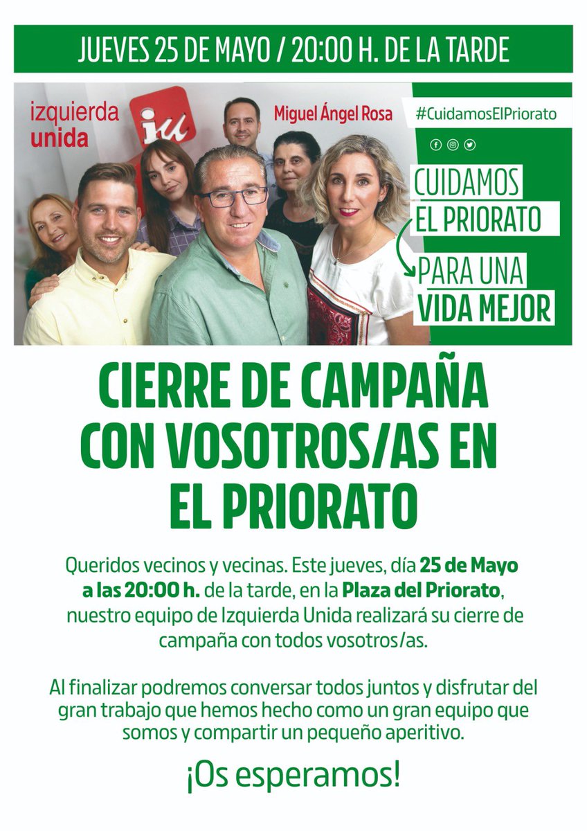 📣 Mañana a las 20:00 tenemos el cierre de campaña en #ElPriorato, ¡os esperamos!

#cuidamoselpriorato #paraunavidamejor #cuidamoslora #loradelrío