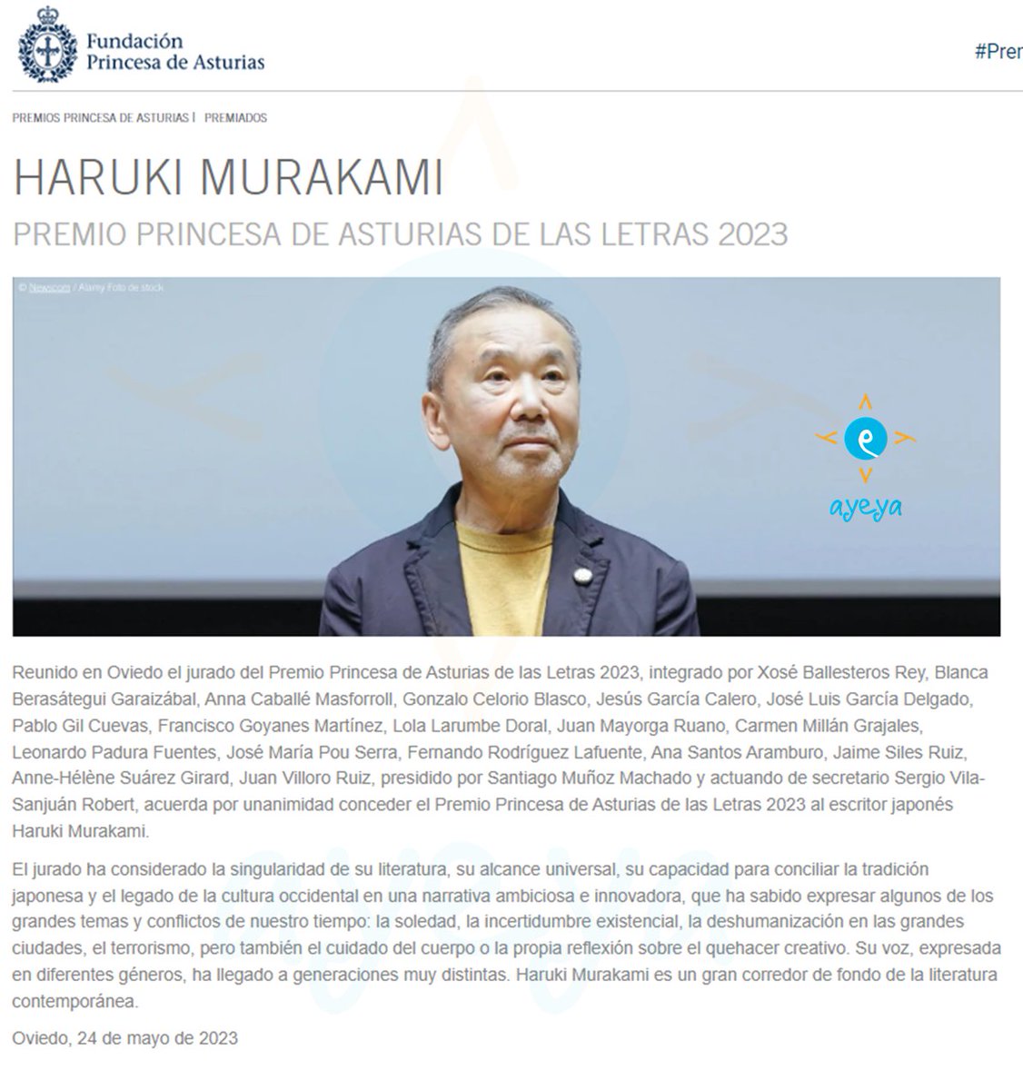 Haruki Murakami 
#premioprincesadeasturias de las letras 2023.
#PrincessofAsturiasAwards for Literature 2023.

Muy merecido/well deserved.
Bloqueo mi agenda para recibirle en octubre/scheduling my planner to meet him in October. 

Enhorabuena/Congratulations @harukimurakami_