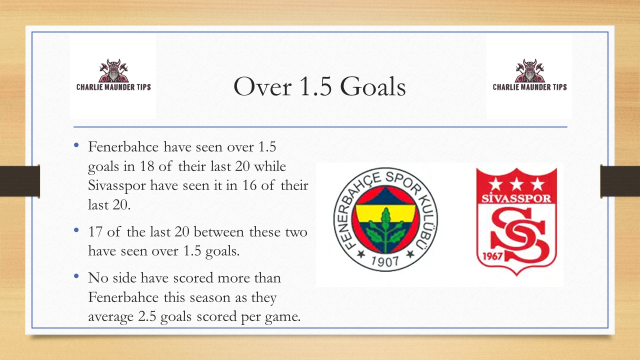 MaunderTips's tweet image. We finish the day with the Turkish Cup semi final second leg between Fenerbahce and Sivasspor. After a goalless first leg its all still to play for to book a spot in the final.

Over 1.5 goals at odds of 1.14
Over 2.5 goals at odds of 1.57
Over 3.5 goals at odds of 2.55