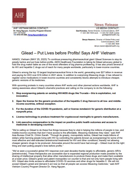 'Gilead – Put Lives before Profits! Says AHF.'