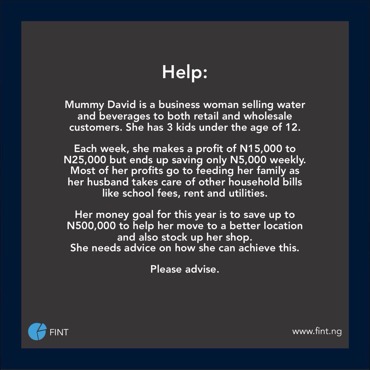 fint_ng's tweet photo. Help Mummy David achieve her one year financial goal of N500,000 by commenting your suggestions.

To submit your questions for financial advice, click the questionnaire link here - https://t.co/1EMQREu5S0 and fill the form. This is anonymous.

#FinancialAdvice #moneygoals #fint https://t.co/18wITmZdwL