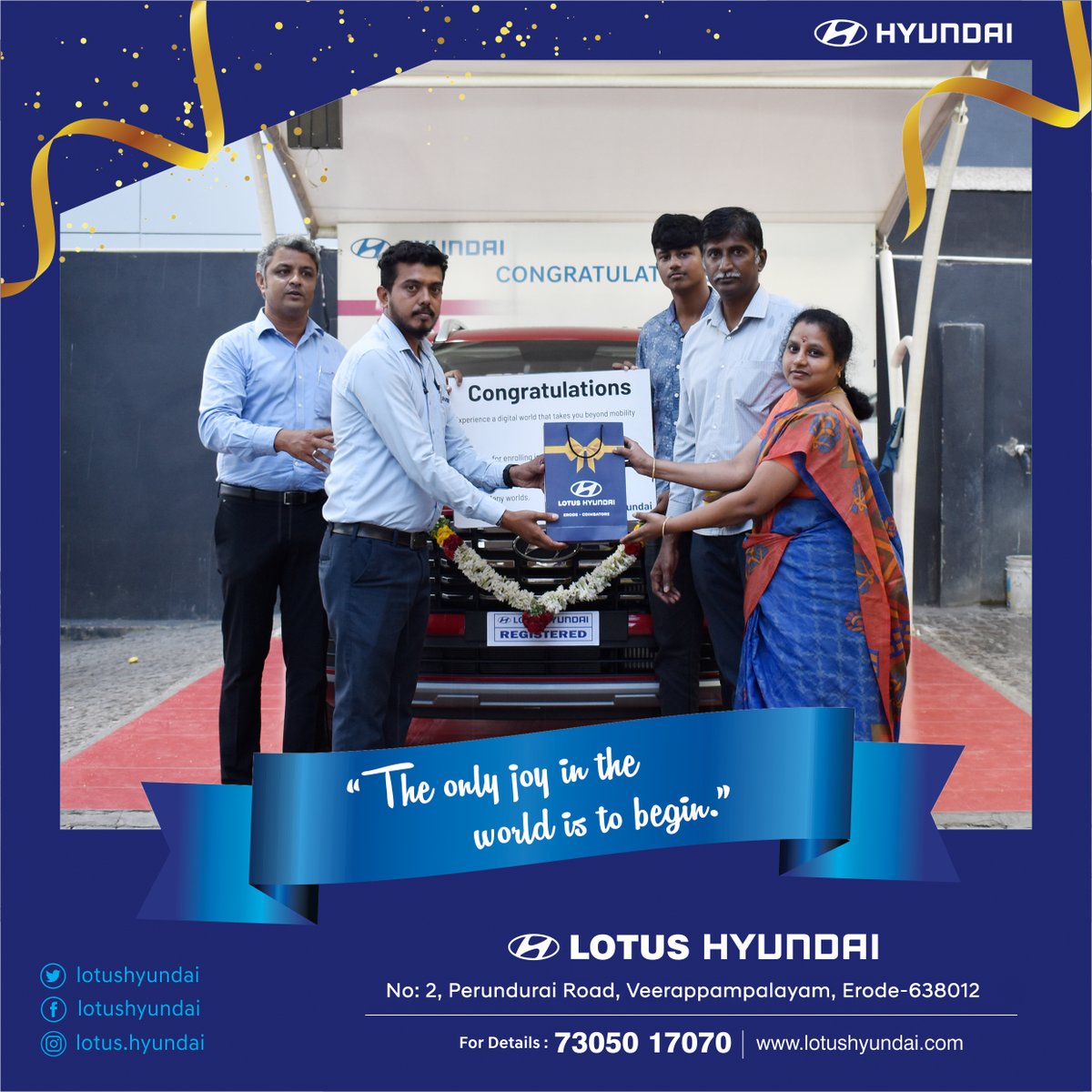 Dear Customer,
On Your New #Hyundai Car, and Welcome you all to the Lotus Hyundai family.Congratulations
We personally thank you for patronizing #lotusHyundai and #Hyundai
Wish you Happy Motoring and Safe Drive
#LotusHyundai #Erode #HappyMotoring #safedrive
Contact 07305017070