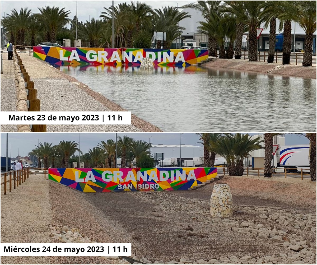 ✅ Esta mañana ya estaba desaguado el tanque de tormentas del Polígono Industrial La Granadina, en #SanIsidro, tras las fuertes #lluvias de ayer.

🚧 Infraestructura con dimensiones de 255 m de largo y 21 m de ancho, cota máxima de profundidad de 2,3 m, y capacidad de 5000 m³.