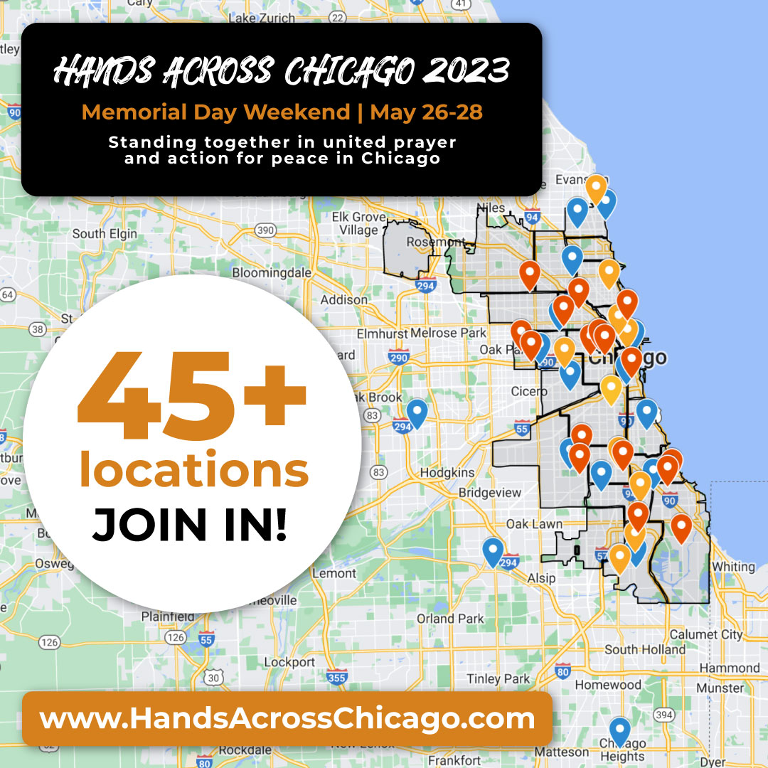 UPDATE: There are OVER 45 LOCATIONS where you can join in prayer &amp; action THIS WEEKEND across Chicago 🙏 View the map and click on the pins to learn more: handsacrosschicago.com

#faithinaction #makepeacehappen #Chicago #handsacrosschicago