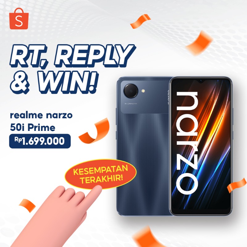 ShopeeID's tweet photo. ✨ GIVEAWAY realme narzo 50i Prime ✨

Kesempatan teakhir dapetin realme narzo 50i Prime nih! Mau? Caranya:

- FOLLOW @ShopeeID
- RT &amp; LIKE tweet ini
- Klik banner di bawah ini
- REPLY warna realme narzo pilihan kamu, sebanyak-banyaknya! 

Good luckkkk! 🧡