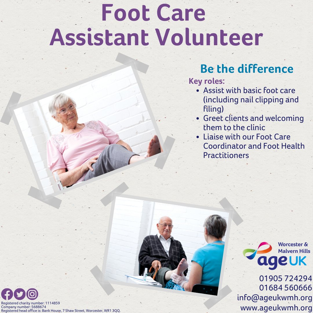 #VolunteersWeek opportunity highlight 4/9

Could you help welcome and provide assistance with minor foot care to our clinic attending clients?

Benefits of #volunteering, view our roles, & apply: ageuk.org.uk/worcester-malv…

#WorcestershireHour #MalvernHillsHour #ageuk  #charity