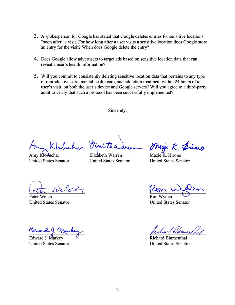 NEW: Senators wrote a letter to Google CEO Sundar Pichai raising concerns that the company “is not upholding its commitment to delete sensitive location data" after our research found Google is not deleting location data for visits to abortion clinics. washingtonpost.com/documents/fb73…