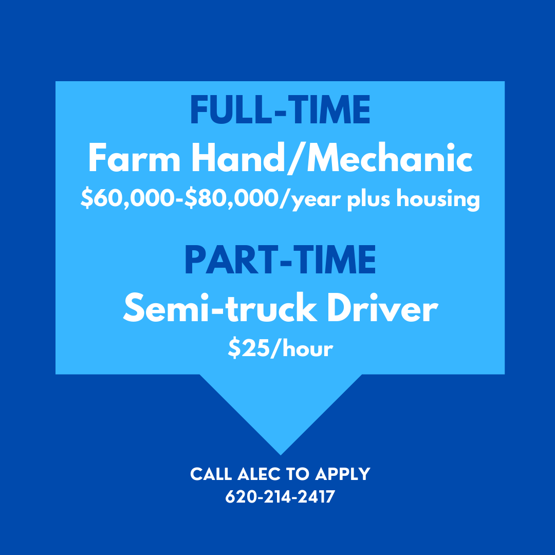 hortonseed's tweet photo. Horton Seed Services - Leoti, KS
Full-Time Farm Hand $60,000-$80,000/year plus housing:  https://t.co/76Nnni0hBr...
Part-Time Semi-Truck Driver (wheat &amp; fall harvest) $25/hour
Call Alec to apply 620-214-2417. https://t.co/q2cDDuDWBy