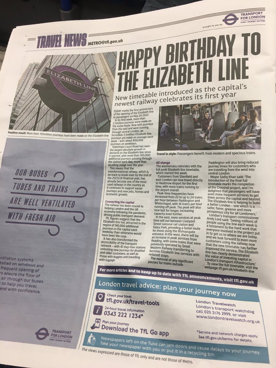 calvincasino's tweet image. Happy Birthday the Elizabeth Line on the Metro newspaper. #ElizabethLine #metronewspaper #metro #London #tube #tubeline