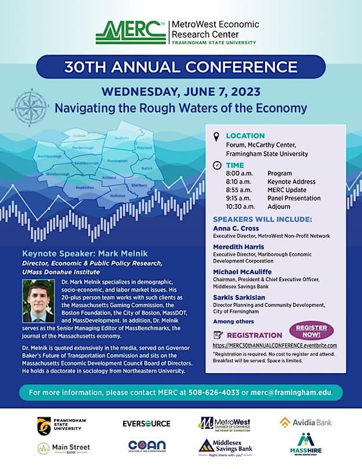 #FramState's MetroWest Economic Research Center (MERC) is slated to hold its 30th Annual Conference on Wednesday, June 7th, featuring the theme “Navigating the Rough Waters of the Economy.” Admission is free of charge with registration. Learn more here: bit.ly/3onQ5d0