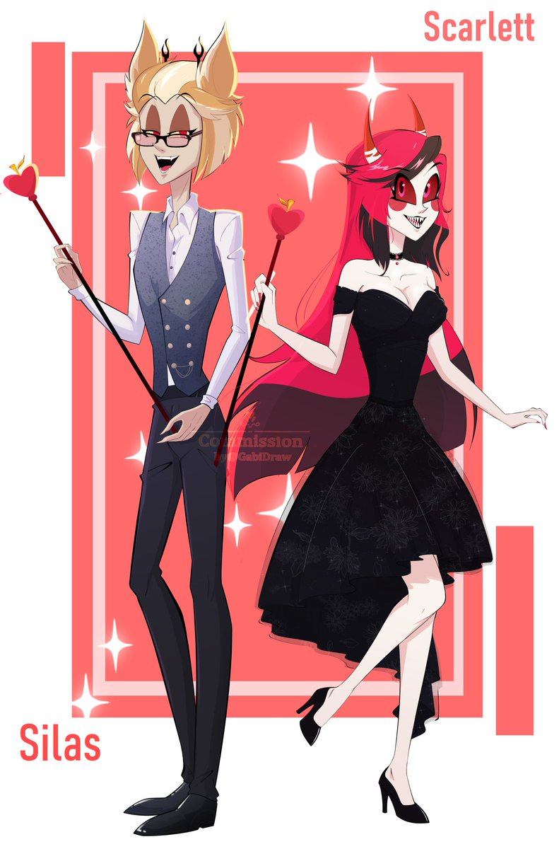 I am absolutely overjoyed to get this gorgeous commission from @27kiane! She did an incredible job making my #Charlastor fankids come to life, and I am literally crying with happiness looking at them side by side, thank you so much❤️😭 #HazbinHotel #HazbinHotelOC #radiobelle