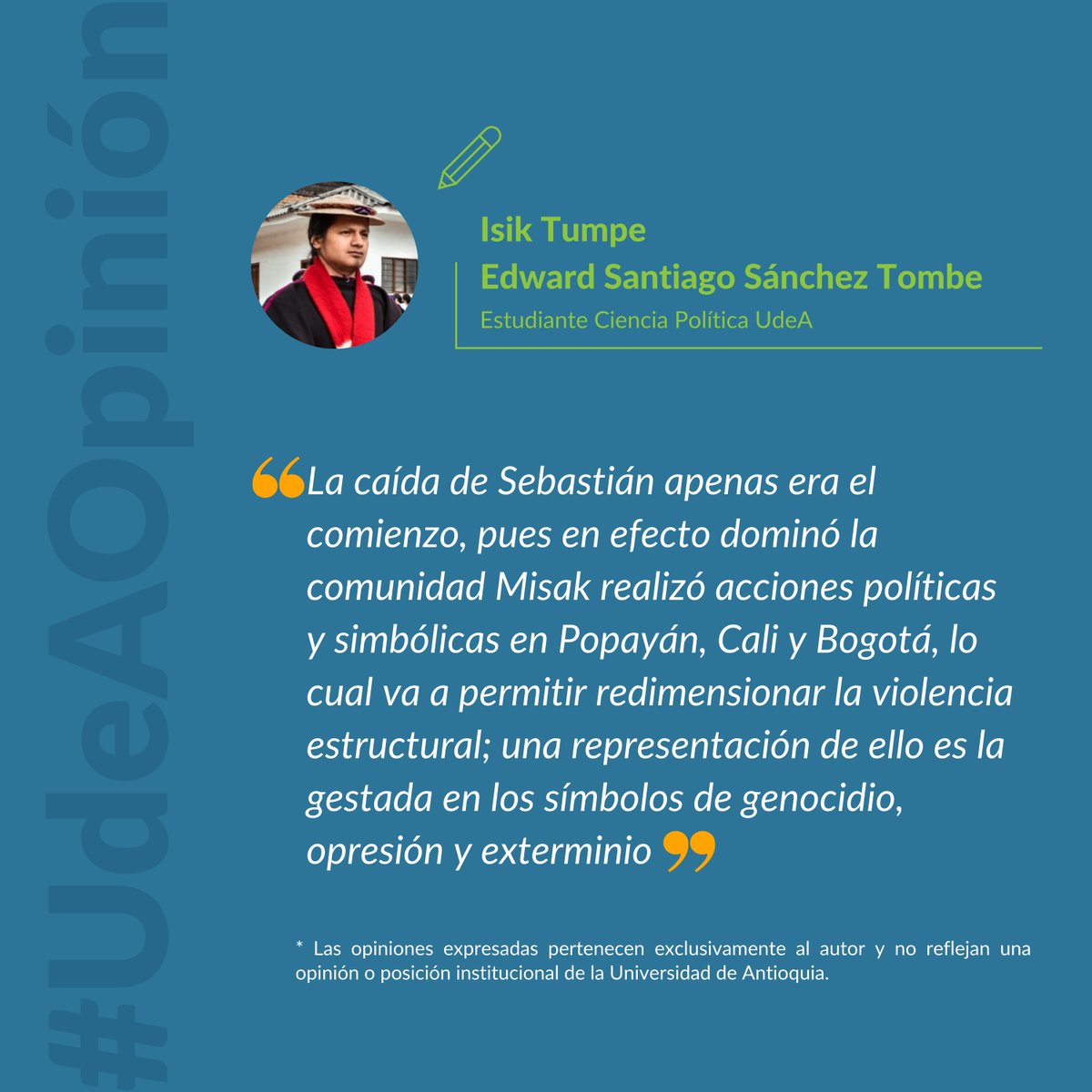 🧐 | Hoy en #UdeAOpinión: «Recuperar la tierra y la memoria, para recuperarlo todo, el principio político del Pueblo Misak», por Isik Tumpe - Edward Santiago Sánchez Tombe. Estudiante Ciencia Política #UdeA.

📌 Continúa leyendo la columna aquí 👉 bit.ly/MisakTierra