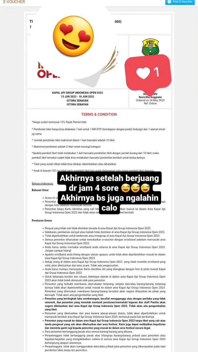 Akhirnyaaaa dapet jg stlh perjuangan dr jam 4 sore terus di refresh. Akhirnya bisa ngalahin juga calo indonesia open. Pleaseee kalian jgn beli di calo.. klo kalian g beli di calo,tiket di webnya gampang bgt kok. Si calo ntr jg capek sendiri klo g ad yg beli 🤣😅😅