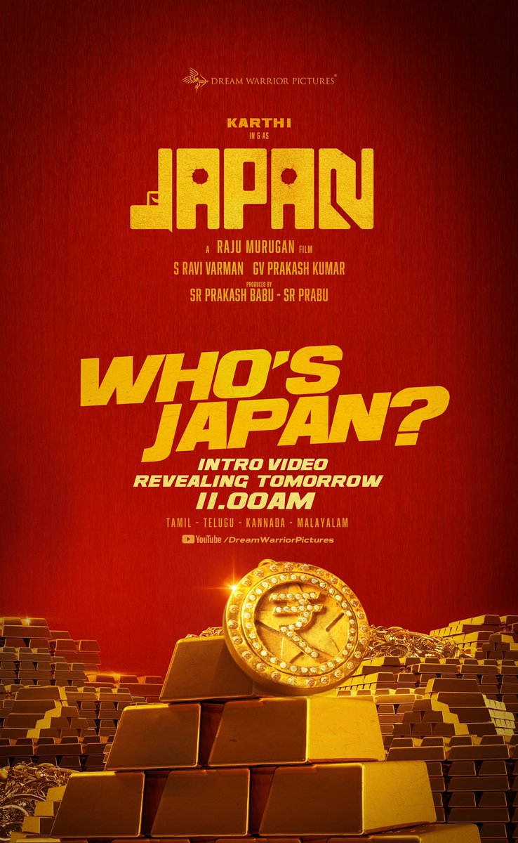 Who’s #Japan? Revealing tomorrow 11am 🔥 Get Ready to be amazed ! @Karthi_Offl @ItsAnuEmmanuel #Sunil @vijaymilton @gvprakash @dop_ravivarman @ActionAnlarasu @philoedit #Banglan @YugabhaarathiYB @PraveenRaja_Off @Dir_Rajumurugan @Prabhu_sr @DreamWarriorpic #Karthi25