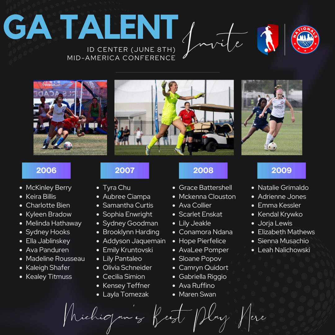 Congrats to the 45 Nationals players selected to the Mid-America Talent ID Event on Thursday, June 8th, in Indiana.

The GA selects players (U14-U17) to compete in front of invited Colleges, YNT &amp; Pro scouts

#TheNationalsWay #TheBallerFactory #MichigansBestPlayHere