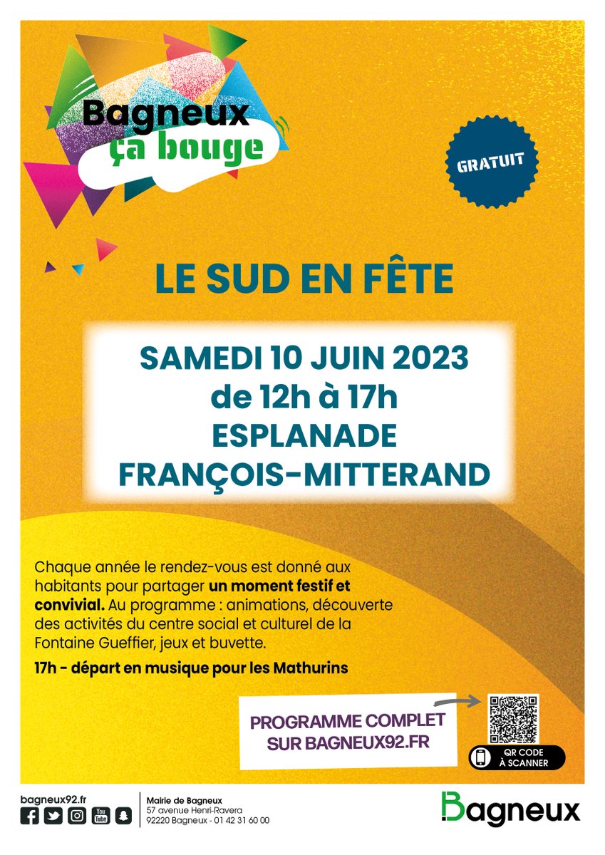 VilledeBagneux's tweet photo. #BagneuxçaBouge
Le rendez-vous est donné pour partagez un moment chaleureux et festif ! 🥳
Le Sud en fête, c'est de 12h à 17h, esplanade François-Mitterrand avec au programme :
Découverte du Centre social et culturel de la Fontaine Gueffier, buvette et jeux ! https://t.co/rkVlv7uSdm