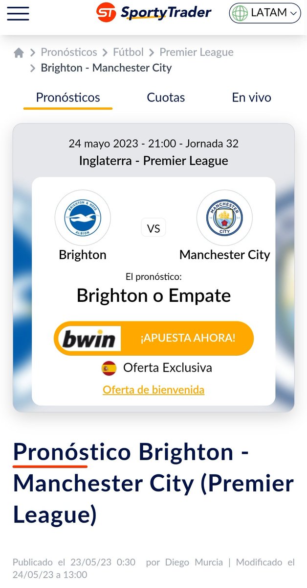 DiegoMurcia40's tweet photo. Mi pronóstico del #BrightonManCity de #PremierLeague. Cuota de 2.13 en Betsson.
#PremierLeagueDAZN #DAZNES #ManchesterCity #Guardiola #Espn #fifa23
Datos, argumentos y puntos clave en: https://t.co/INUIx8Wwbz https://t.co/zaZVBeODbW
