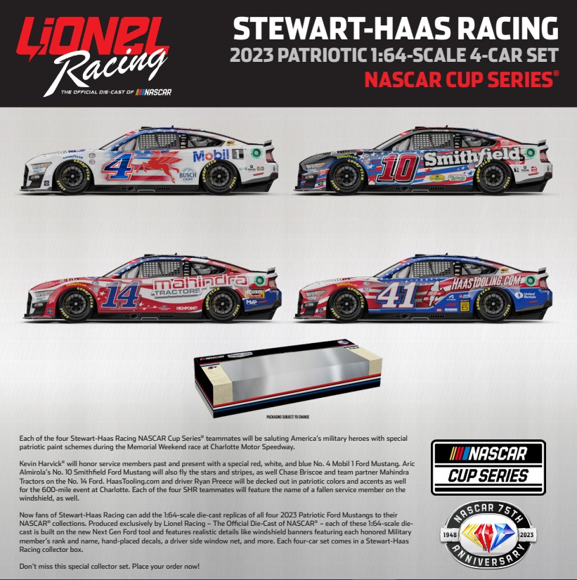 ShopRaceCanada's tweet photo. 🚨 Pre Order Alert 🚨

Stewart Haas Racing 4 Car Patriotic 1/64 Set

$49.99 Cdn + $6.00 Preorder shipping special (+taxes)

Send Preorders To: (due no later than June 9/23)
preorder@shopracecanada.ca https://t.co/QdApCMjvgO