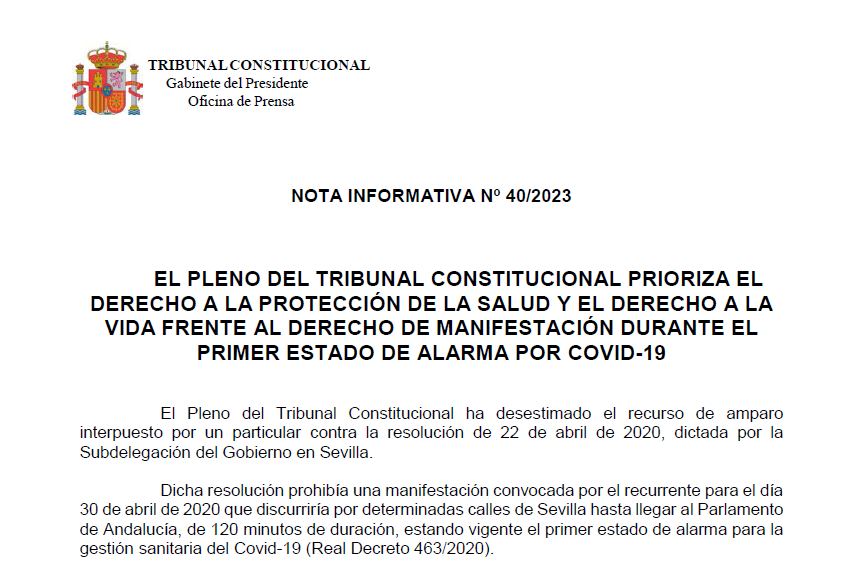 TConstitucionE's tweet photo. Nota de prensa | El Pleno del Tribunal Constitucional prioriza el derecho a la protección de la salud y el derecho a la vida frente al derecho de manifestación durante el primer estado de alarma por Covid-19 https://t.co/IDr4D9UMnJ https://t.co/oa7TT30XZK