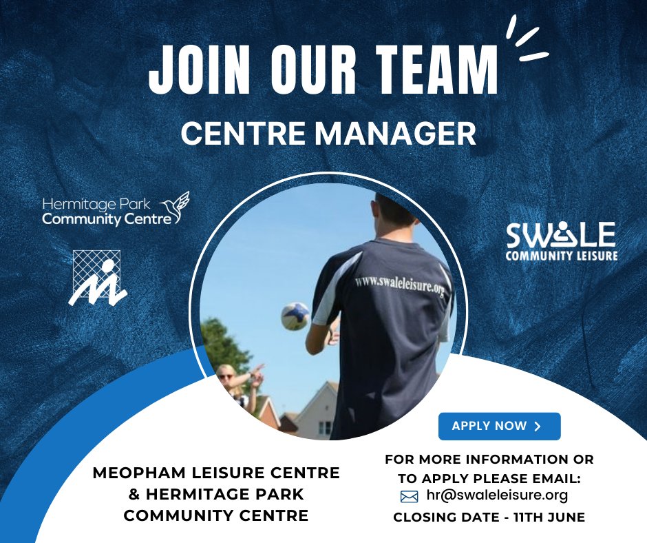 We are #hiring a Centre Manager to cover Meopham Leisure Centre &amp; Hermitage Park Community Centre!

Please see full job advert on LinkedIn for more information:
lnkd.in/enFtXEgZ