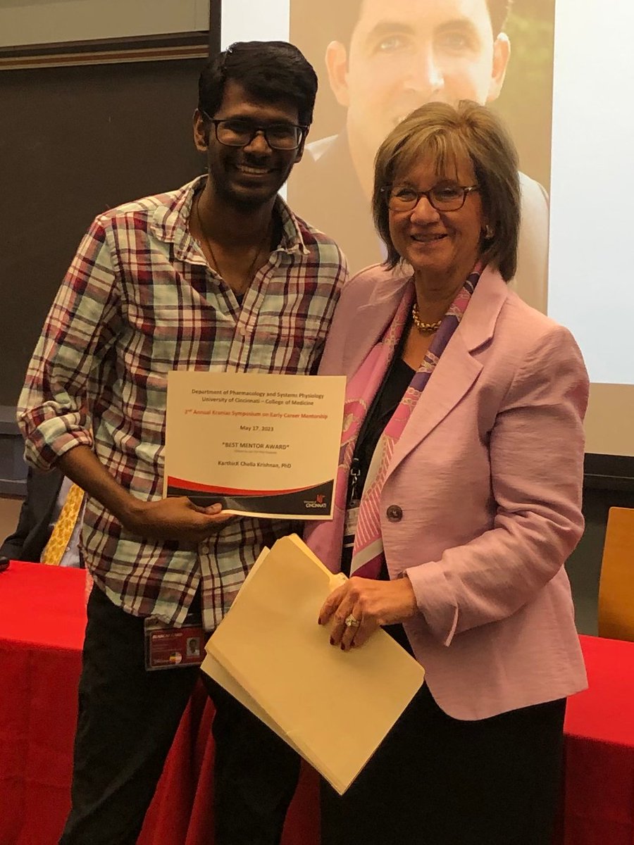 Dr. KarthicK Chella Krishnan was the top vote winner for the 2023 Best Mentor Award in a survey of PSP PhD students. He was presented with his certificate by Dr. Kranias at the 2nd Annual Kranias Symposium on Early Career Mentorship. Thank you Dr. K. for your excellent mentoring.