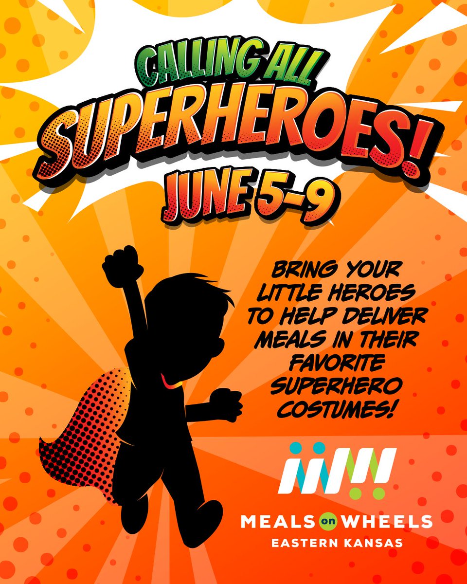 TopekaMOW's tweet image. Join us June 5th-9th for a week of fun! Bring young heroes in costume to help distribute meals. It's rewarding, builds community, and gives kids purpose. Clients appreciate our dedicated "volunt-heroes" spreading joy! #MealsOnWheels #VolunteerImpact #MakeADifference