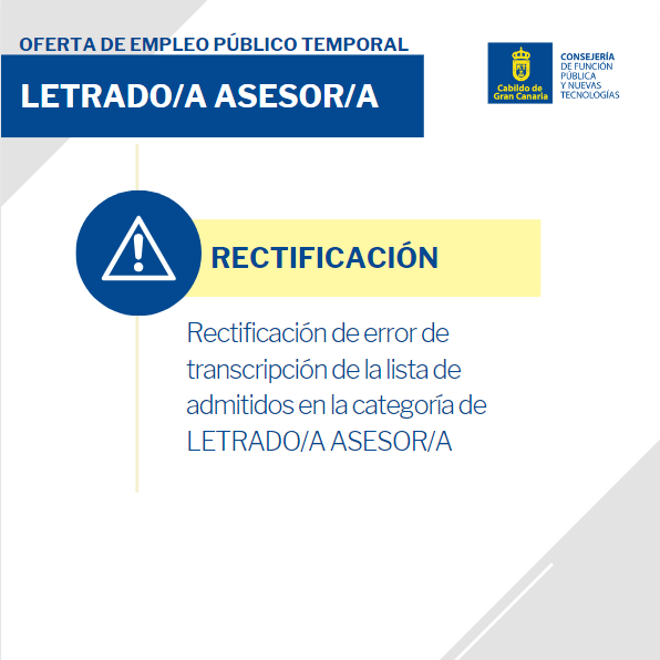 GranCanariaRRHH's tweet photo. ⚠️Publicada rectificación de error de transcripción en el listado de admitidos en la categoría de LETRADO/A ASESOR/A.
Puede consultar la rectificación en el siguiente enlace👇 https://t.co/HZoqPKOLqG
#recursoshumanos #EmpleoPublico #letrado #letrada #asesor #asesora https://t.co/hOM88sdWu7