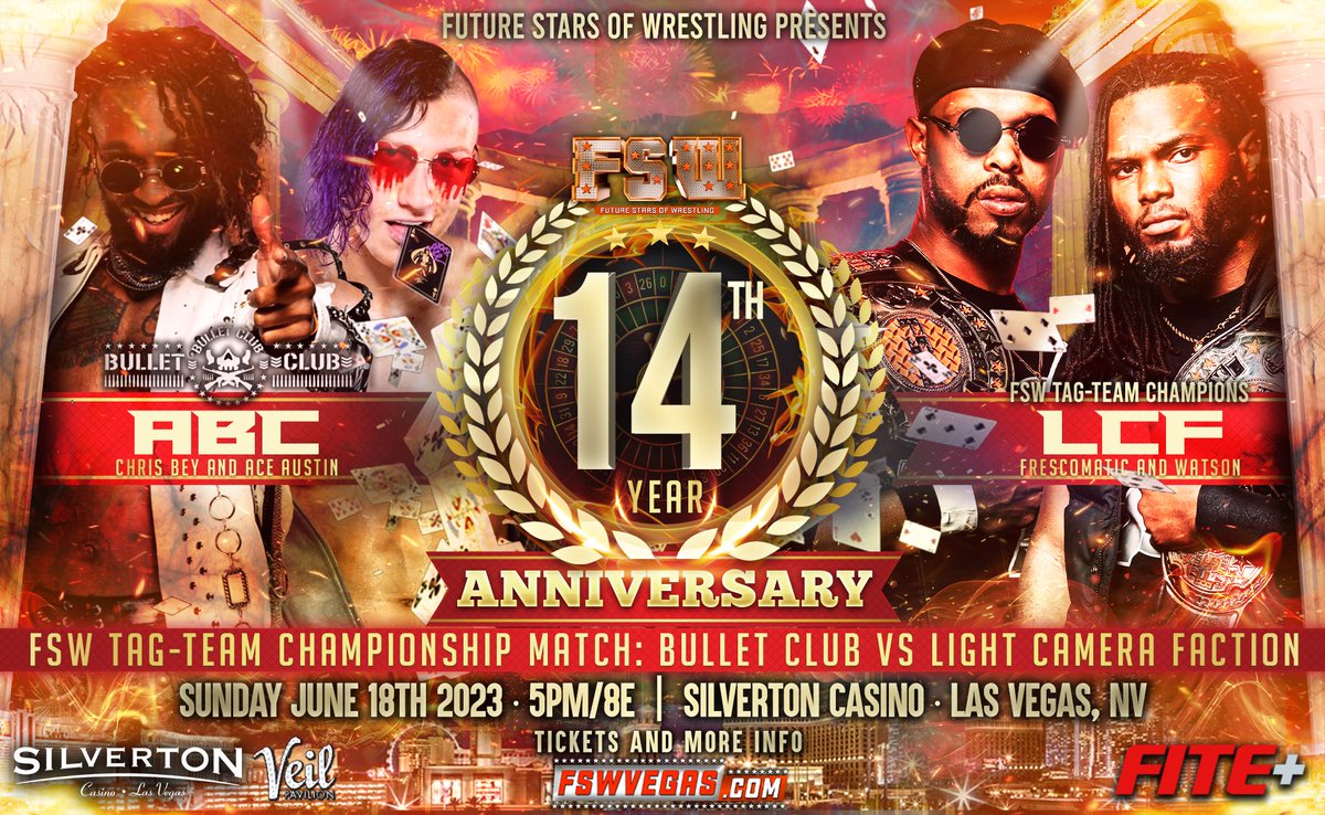 FSWVegas's tweet image. ICYMI 

𝙁𝙎𝙒 𝙏𝙖𝙜 𝙏𝙚𝙖𝙢 
𝘾𝙝𝙖𝙢𝙥𝙞𝙤𝙣𝙨𝙝𝙞𝙥 𝙈𝙖𝙩𝙘𝙝
@FrescoMattic 
@He_is_WATSON 
VS
@DashingChrisBey 
@The_Ace_Austin 

FSW 14th Anniversary on Sunday June 18 at 5p/8e streaming LIVE from #LasVegas on @FiteTV+!

Tickets: tinyurl.com/FSW14tix