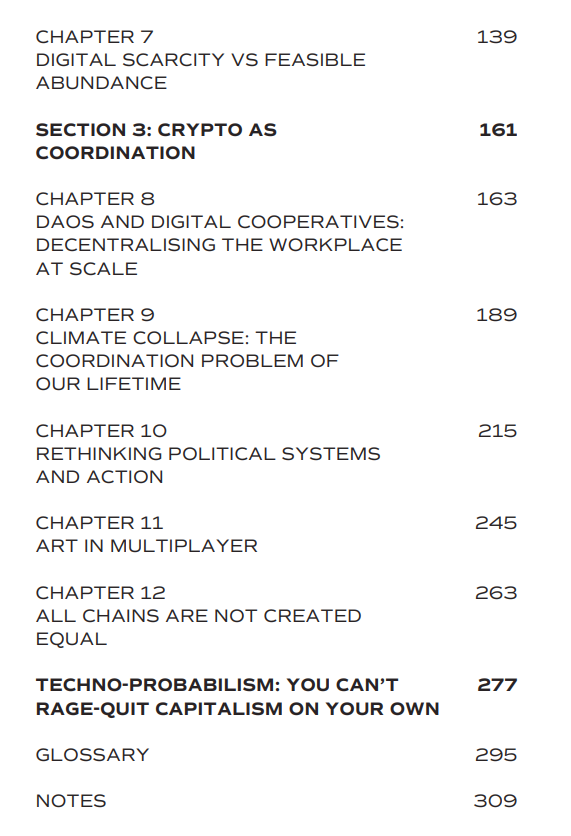 TBSocialist's tweet photo. The book is meant to critique the current and propose a new framework for understanding crypto based on my experience in the space for the past several years in away that anyone can understand, including those who aren't technically minded. 

Here is the table of contents. https://t.co/dbhpeYV1Oz
