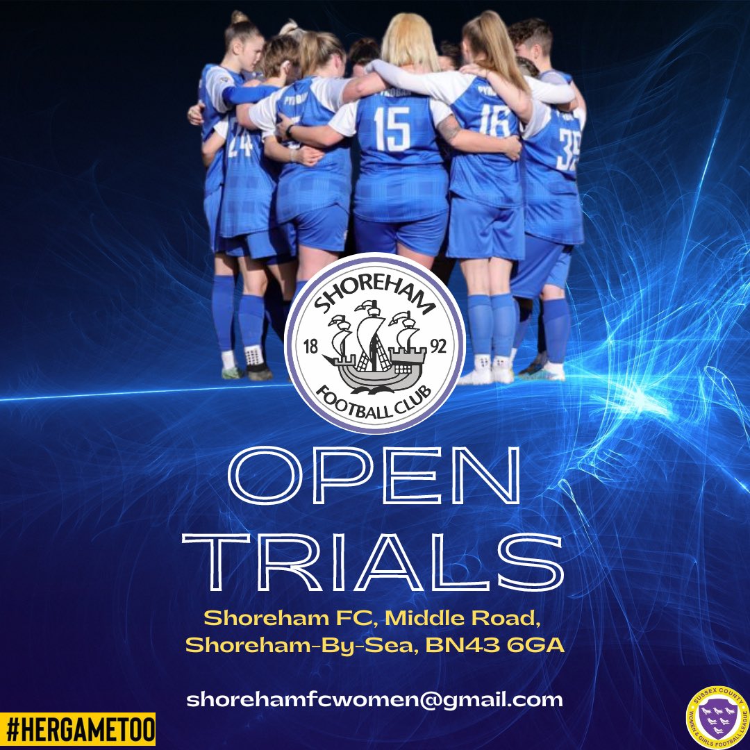 | OPEN TRIALS |

We’re inviting players 16+ to join us for 2 open trial sessions.

🗓️ Sunday 9th &amp; 16th July
⏰ 12:30pm-2pm
📍 Shoreham FC, Middle Road, BN43 6GA

✅ Friendly, welcoming group
📈 Develop your game
🏆 Achieve your goals

DM or email us to register your attendance