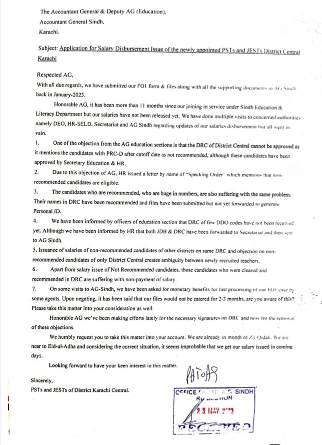 Arbabali2010's tweet image. Newly Appointed #JESTs &amp;amp; #PSTs of #DistCentral are still deprived of their 1st salary.
This issue isn't of 5 or10 people's, this issue is of 1000s of youngster of #DistCentral.Employees of #AGSindh are asking for bribes for #SalaryDisbursement
@sardarshah1 @MuradAliShahPPP