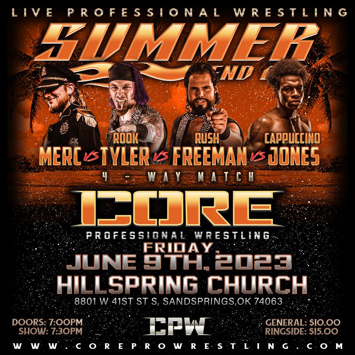 Match announcement! 
MERC, @RockstarRook , @coldbrewjones, and NWA's @TheFreakFreeman will battle it out in a four way match!
Go to coreprowrestling.com for tickets!