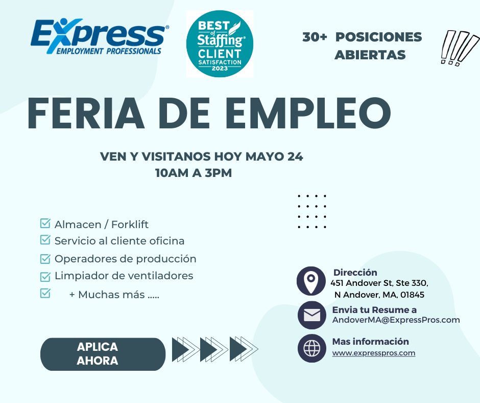 ‼️ JOB FAIR ‼️ 

*** Join us on today MAY 24th between 10AM-3PM**  

Our team of hiring experts is ready to help you find your next Carrer! 

#expresspros #jobfair #Massachusetts #andoverma #LawrenceMA #openJobs #ApplyNow