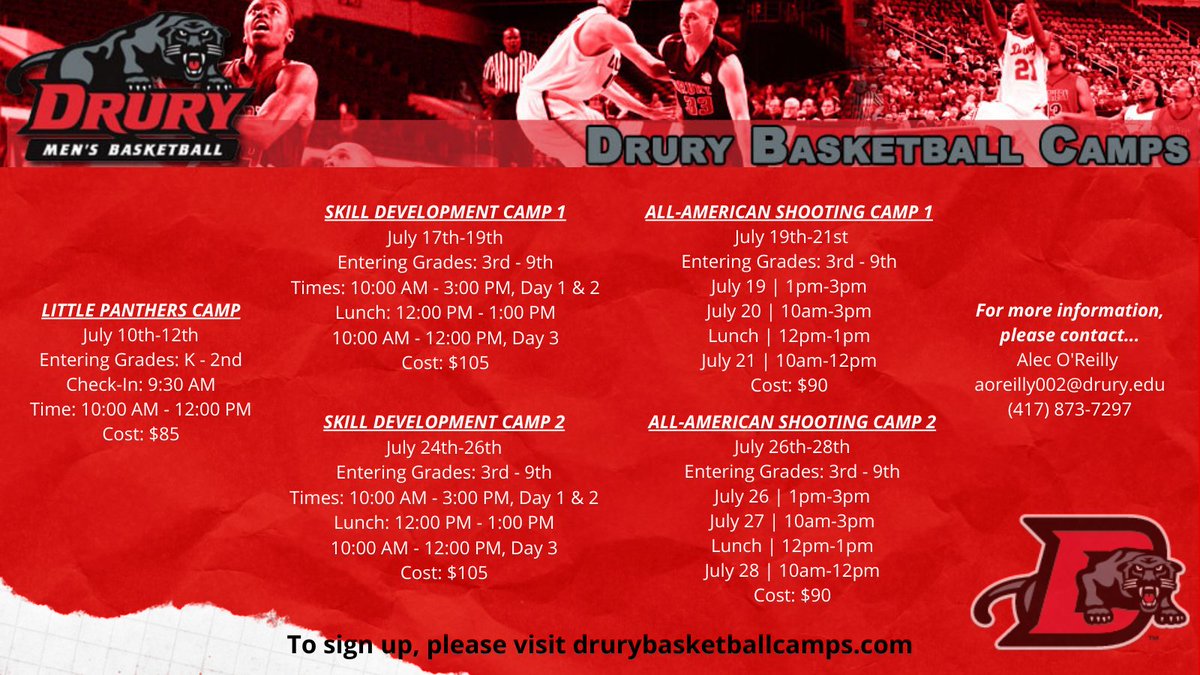DruryMBB's tweet photo. Camp Season is right around the corner!
Great opportunity to get in the gym with our guys this summer & get some work in!
Our guys are excited about another summer in the gym with kids of Springfield!
https://t.co/JKIVrV59Av
#DUUS
#ALLWEDUISWIN
#Panthers https://t.co/fh3XUEHHXA