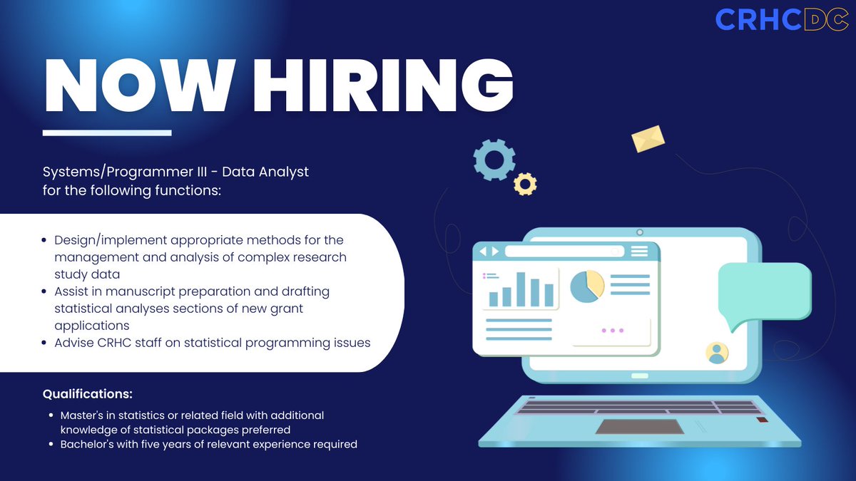 🔊 The CRHC Data Center is hiring a #DataAnalyst! Candidates must possess expert knowledge of #ResearchMethodology & #statistics to manage & analyze complex #ResearchStudyData. MS preferred, BS required.

💻 Learn more and apply: ow.ly/SBwN50NO04O