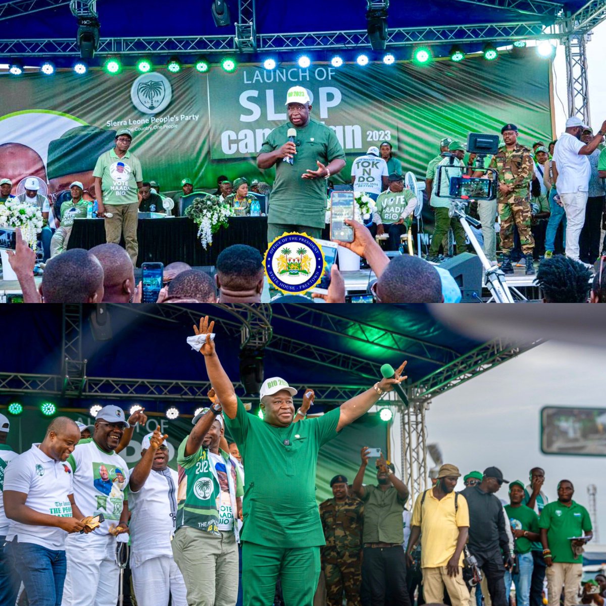 julius_maadabio's tweet photo. Just like five years ago when I launched the Sierra Leone People’s Party (SLPP) New Direction Manifesto, which earned the Citizen’s trust and confidence to lead as the fifth President of our great Republic, I officially launched the SLPP People’s Manifesto and Campaign 2023 on Tuesday 23/05/2023. 

The People’s Manifesto titled “The New Direction: Consolidating Gains and Accelerating Transformation” is designed to sustain the momentum already built in the past 5 years and position #SierraLeone on the path of irreversible progress.   

Our Manifesto gives a full account of our stewardship in the last five years while outlining our plans for the next five years. It also represents a new social contract between the great SLPP under my leadership and the people of Sierra Leone.

My running mate @VP_Jalloh and I invite all progressive-minded Sierra Leoneans to join us in our efforts to secure a prosperous future for Sierra Leone. 

We all must show up and vote for the SLPP on June 24th to ensure our country stays on the right path towards sustainable economic development and social progress.

THE FUTURE OF SIERRA LEONE IS ALL OF US. 🌴 

#BIOJALLOH2023

#SLPP4DEVELOPMENT

#PAOPASALONE4BETTEH