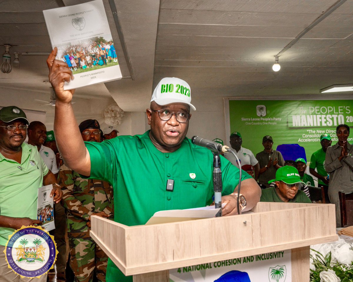 julius_maadabio's tweet photo. Just like five years ago when I launched the Sierra Leone People’s Party (SLPP) New Direction Manifesto, which earned the Citizen’s trust and confidence to lead as the fifth President of our great Republic, I officially launched the SLPP People’s Manifesto and Campaign 2023 on Tuesday 23/05/2023. 

The People’s Manifesto titled “The New Direction: Consolidating Gains and Accelerating Transformation” is designed to sustain the momentum already built in the past 5 years and position #SierraLeone on the path of irreversible progress.   

Our Manifesto gives a full account of our stewardship in the last five years while outlining our plans for the next five years. It also represents a new social contract between the great SLPP under my leadership and the people of Sierra Leone.

My running mate @VP_Jalloh and I invite all progressive-minded Sierra Leoneans to join us in our efforts to secure a prosperous future for Sierra Leone. 

We all must show up and vote for the SLPP on June 24th to ensure our country stays on the right path towards sustainable economic development and social progress.

THE FUTURE OF SIERRA LEONE IS ALL OF US. 🌴 

#BIOJALLOH2023

#SLPP4DEVELOPMENT

#PAOPASALONE4BETTEH