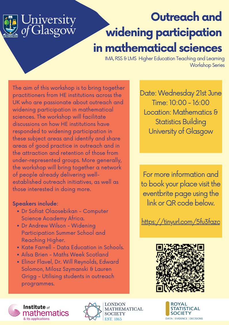 We are happy to announce we will be hosting a workshop on outreach and widening participation in mathematical sciences on Wednesday 21st June at the University of Glasgow. To book your place please visit the Eventbrite page - tinyurl.com/5fu3fazc